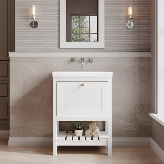 Bexley Floor Standing 1 Drawer Vanity & 0 Tap Hole Contemporary Fireclay Basin, 600mm - Pure White