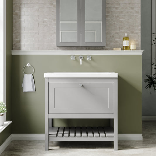 Bexley Floor Standing 1 Drawer Vanity & 0 Tap Hole Contemporary Fireclay Basin, 800mm - Cool Grey