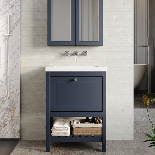 Bexley Floor Standing 1 Drawer Vanity & 0 Tap Hole Contemporary Fireclay Basin, 600mm - Indigo Blue