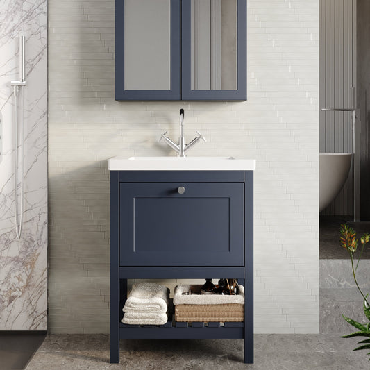 Bexley Floor Standing 1 Drawer Vanity & 1 Tap Hole Contemporary Fireclay Basin, 600mm - Indigo Blue