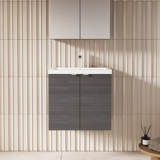 Hudson Reed Fusion 600mm Anthracite Woodgrain Wall Hung 2 Door Vanity Unit & Basin With Soft Close Doors