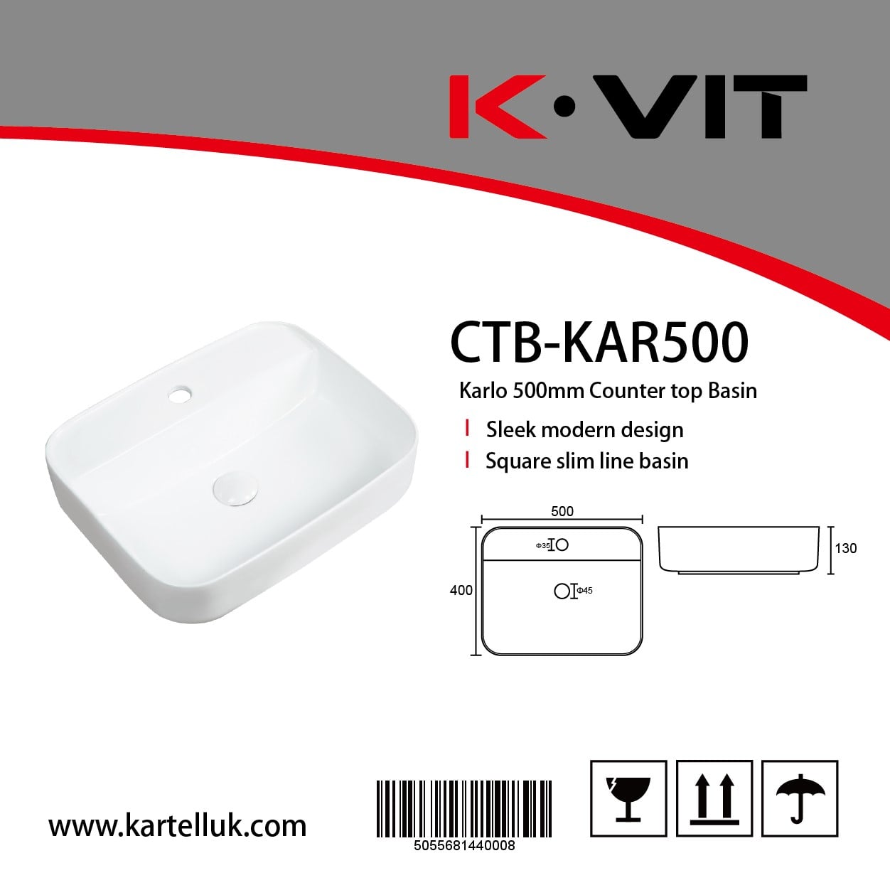 Karlo 500mm Counter top Basin