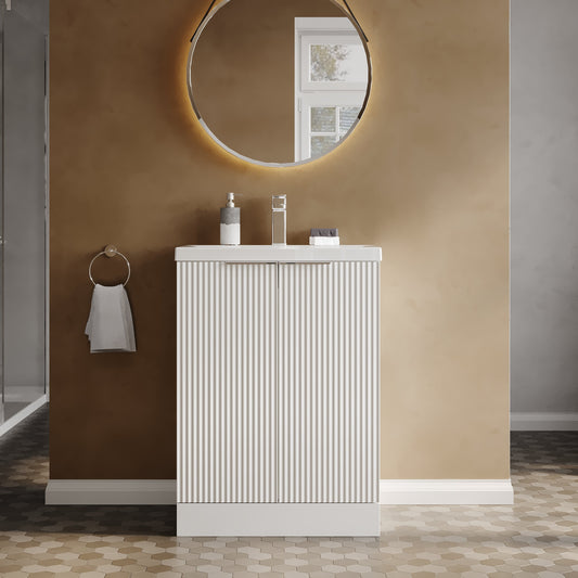 Hudson Reed Fluted 600mm Satin White Floor Standing 2-Door Vanity Unit With Basin