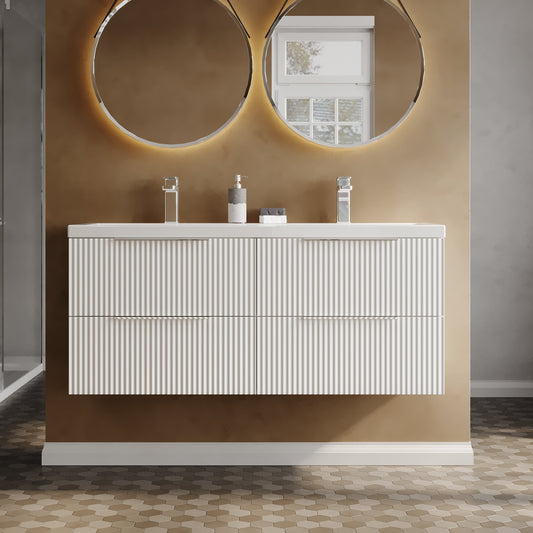 Hudson Reed Fluted 1200mm Satin White Wall Hung 4-Drawer Vanity Unit With Double Basin