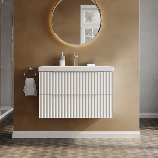 Fluted 800mm Wall Hung 2-Drawer Vanity and Thin-Edge Basin