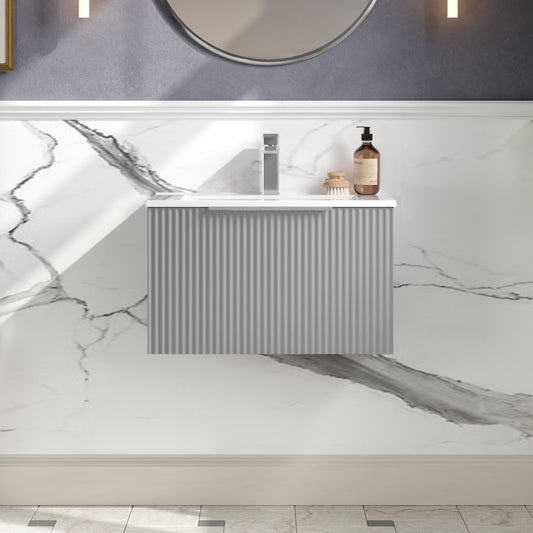 Hudson Reed Fluted 600mm Satin Grey Wall Hung Single Drawer Vanity Unit With Basin