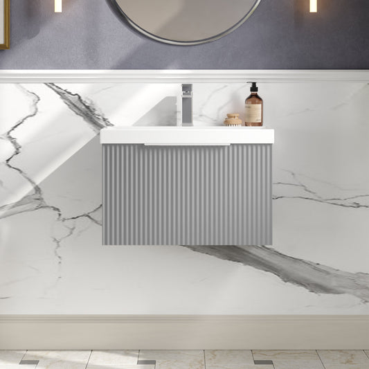 Hudson Reed Fluted 600mm Satin Grey Wall Hung Single Drawer Vanity Unit With Basin