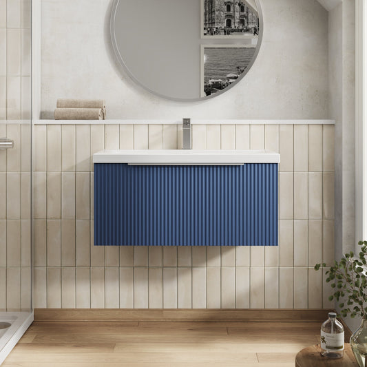 Hudson Reed Fluted 800mm Satin Blue Wall Hung Single Drawer Vanity Unit with Mid-Edge Basin