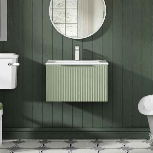 Hudson Reed Fluted 600mm Satin Green Wall Hung Single Drawer Vanity Unit With Basin