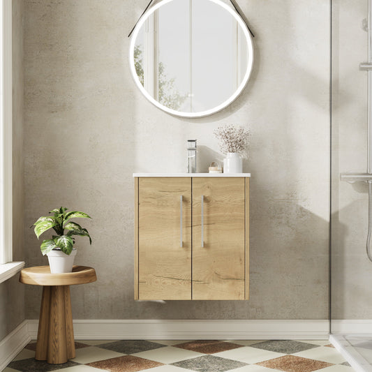 Hudson Reed Juno 500mm Autumn Oak Wall Hung 2-Door Vanity Unit & 1 Tap Hole Basin