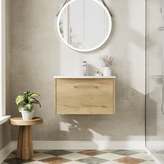 Hudson Reed Juno 600mm Autumn Oak Wall Hung Single Drawer Vanity Unit With Curved 1 Tap Hole Basin