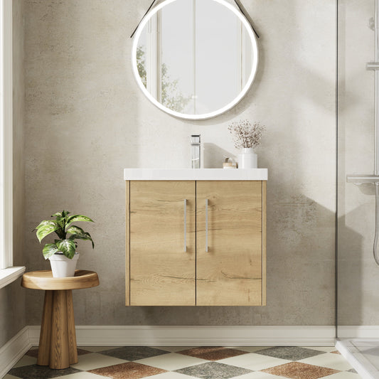 Hudson Reed Juno 600mm Wall Hung 2-Door Autumn Oak Vanity Unit with 1 Tap Hole Basin