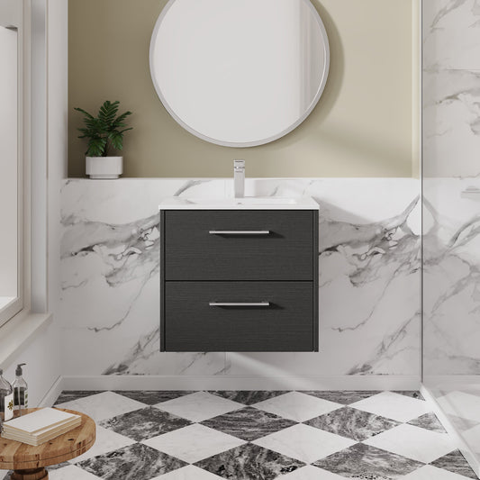 Hudson Reed Juno 600mm Wall Hung Graphite Grey 2-Drawer Vanity Unit with 1 Tap Hole Basin