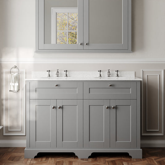 Hudson Reed Old London 1220mm Storm Grey Floor Standing 4 Door Vanity Unit with White Marble Top Double Basin