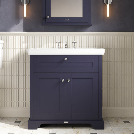 Hudson Reed Old London 800mm Twilight Blue Floor Standing 2 Door Vanity Unit Including Fireclay Basin