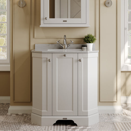 Floor Standing 3 Door Angled Vanity Unit with 1 Tap Hole Grey Marble Top 750mm