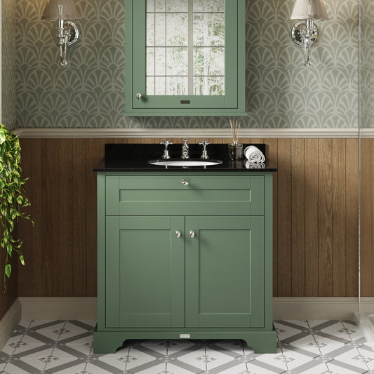 Hudson Reed Old London 820mm Hunter Green Floor Standing 2 Door Vanity Unit with 3 Tap Hole Black Marble Top Basin