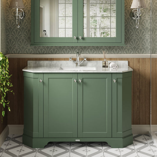 Hudson Reed Old London 1236mm Hunter Green Floor Standing 4 Door Vanity Unit With White Marble Top Basin