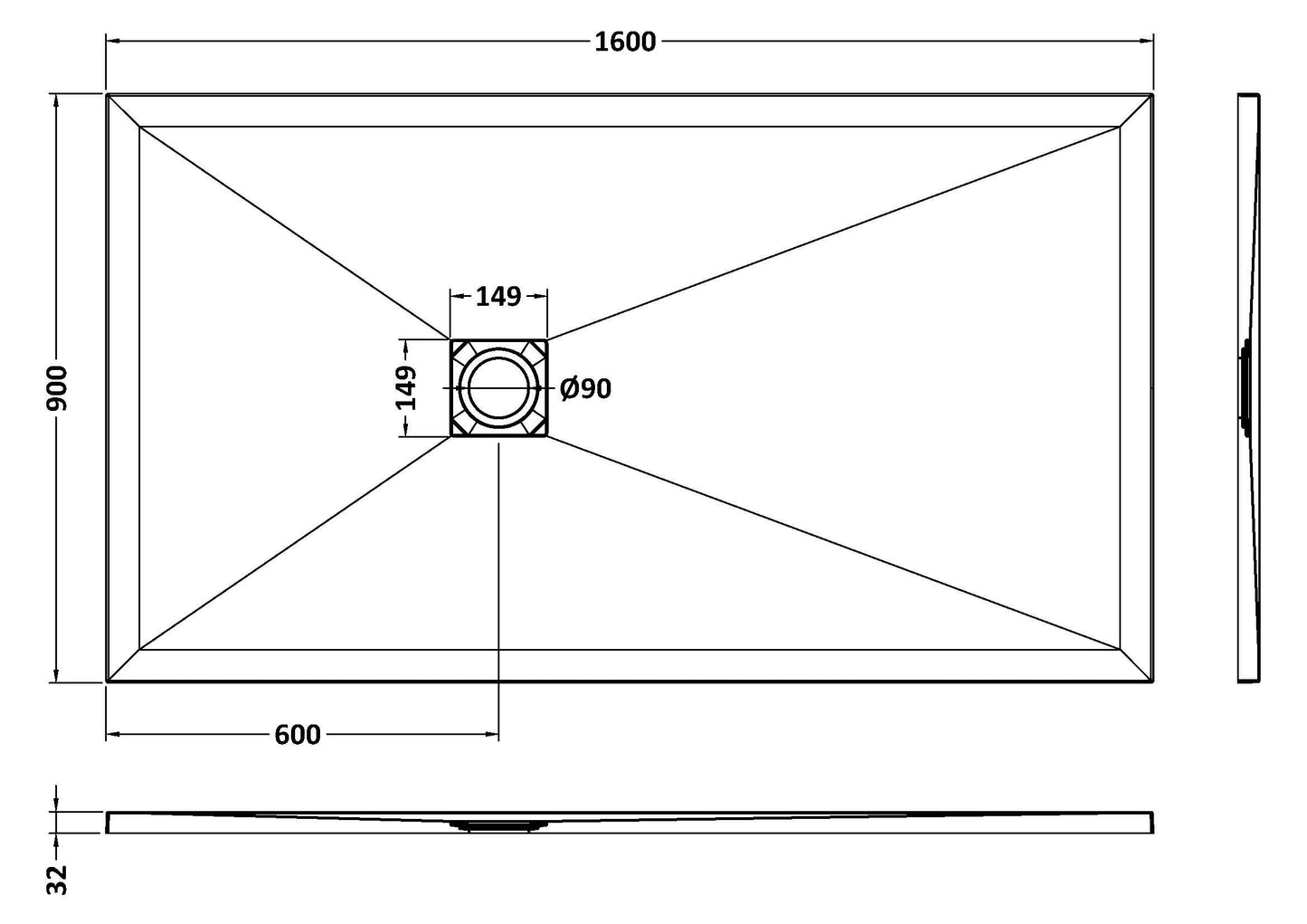 Rectangular Slimline Shower Tray 1600 x 900mm