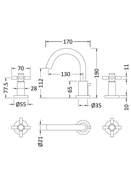 Tec Crosshead 3 Tap Hole Basin Mixer