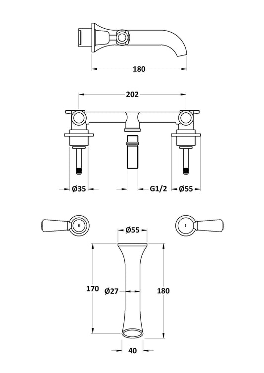 White Topaz With Lever Handle 3 Tap Hole Wall Mounted Basin Mixer