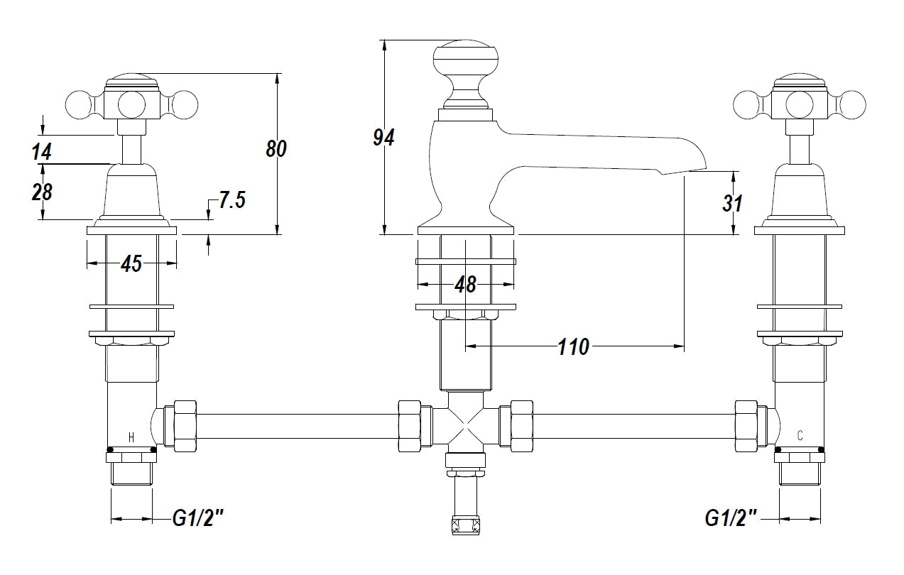 Black Topaz With Crosshead Handle 3 Tap Hole Basin Mixer