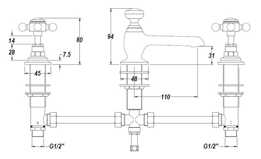 Black Topaz With Crosshead Handle 3 Tap Hole Basin Mixer