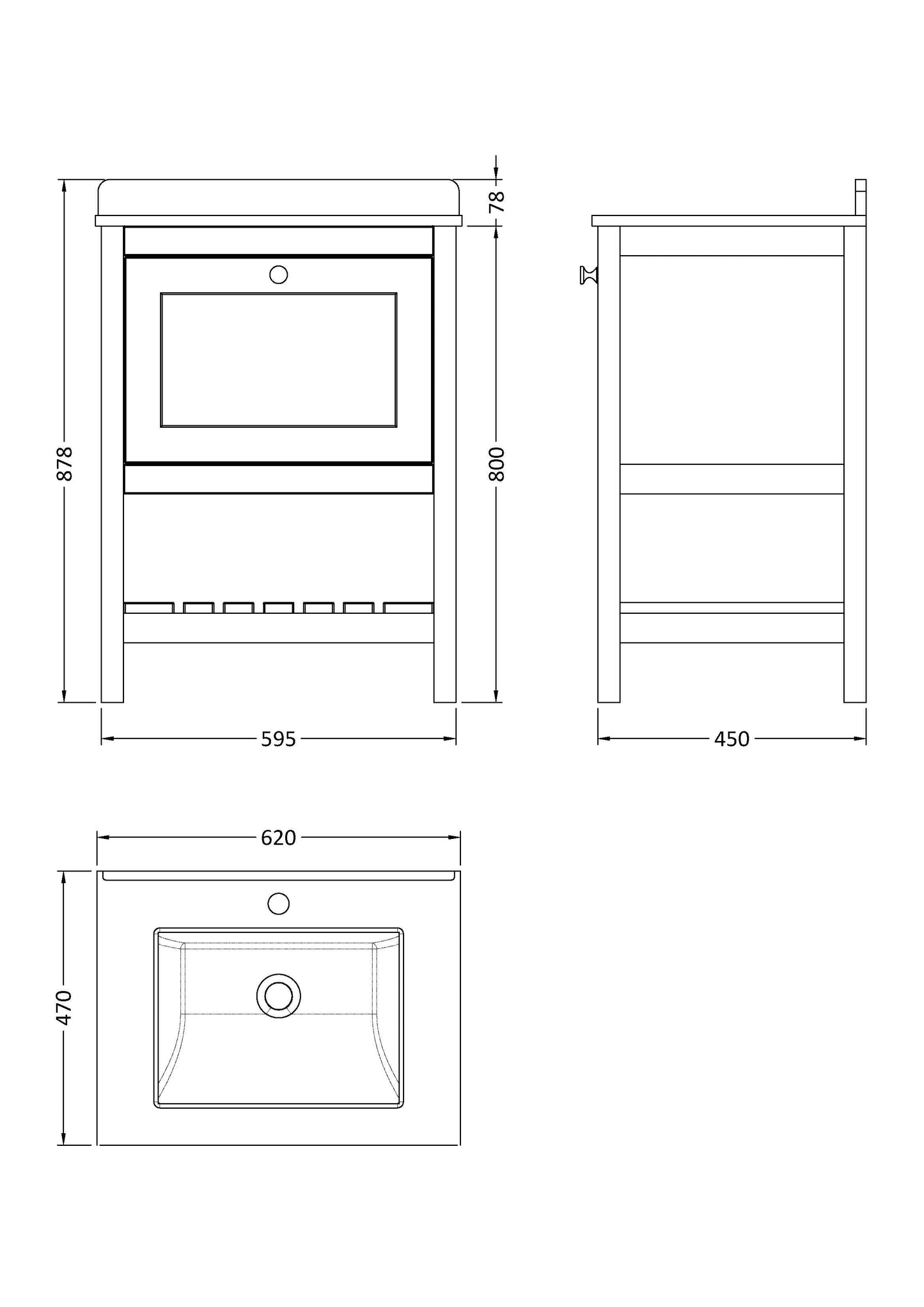 Hudson Reed Bexley 600mm Floor Standing 1 Drawer Vanity Unit with Single Bowl Marble Top, 1 Tap Hole