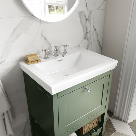Hudson Reed Bexley 600mm Fern Green 1 Drawer Floor Standing Vanity Unit with 3 Tap Hole Fireclay Basin