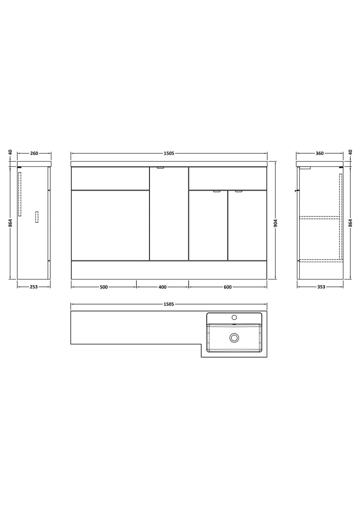 Fusion Floor Standing 3 Door Vanity Basin & WC Right Hand Combination 1500mm