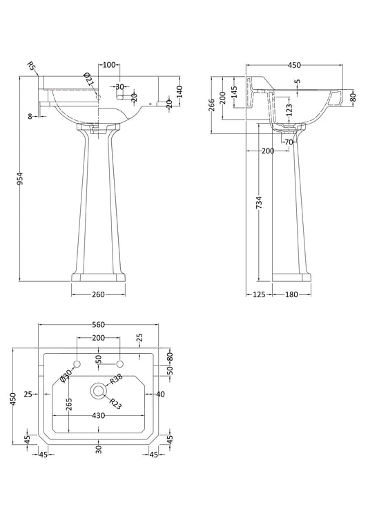 Richmond 560mm 2 Tap Hole Basin & Comfort Height Pedestal