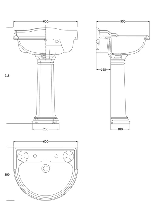 Chancery 600mm Basin & Pedestal 2 Tap Hole