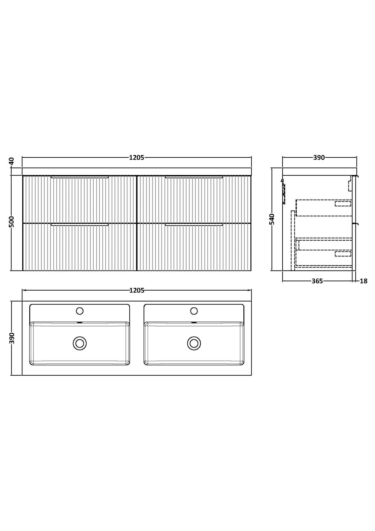 Hudson Reed Fluted 1200mm Wall Hung 4-Drawer Vanity Unit With Double Basin