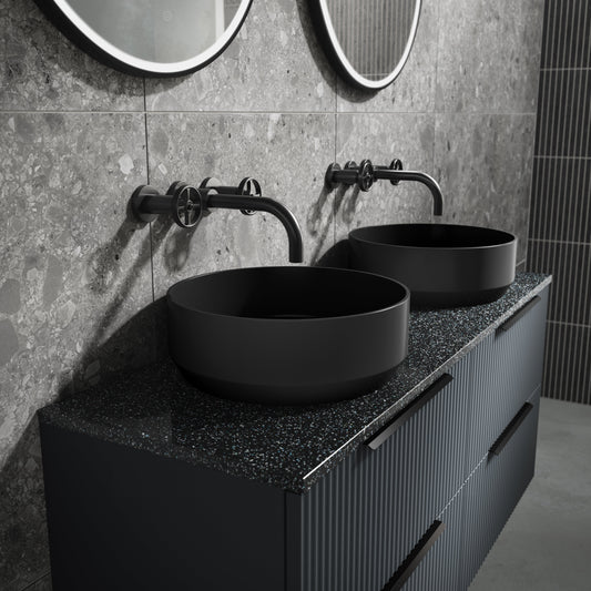 Hudson Reed Fluted 600mm Soft Black Wall Hung 2-Drawer Vanity Unit With Laminate Top