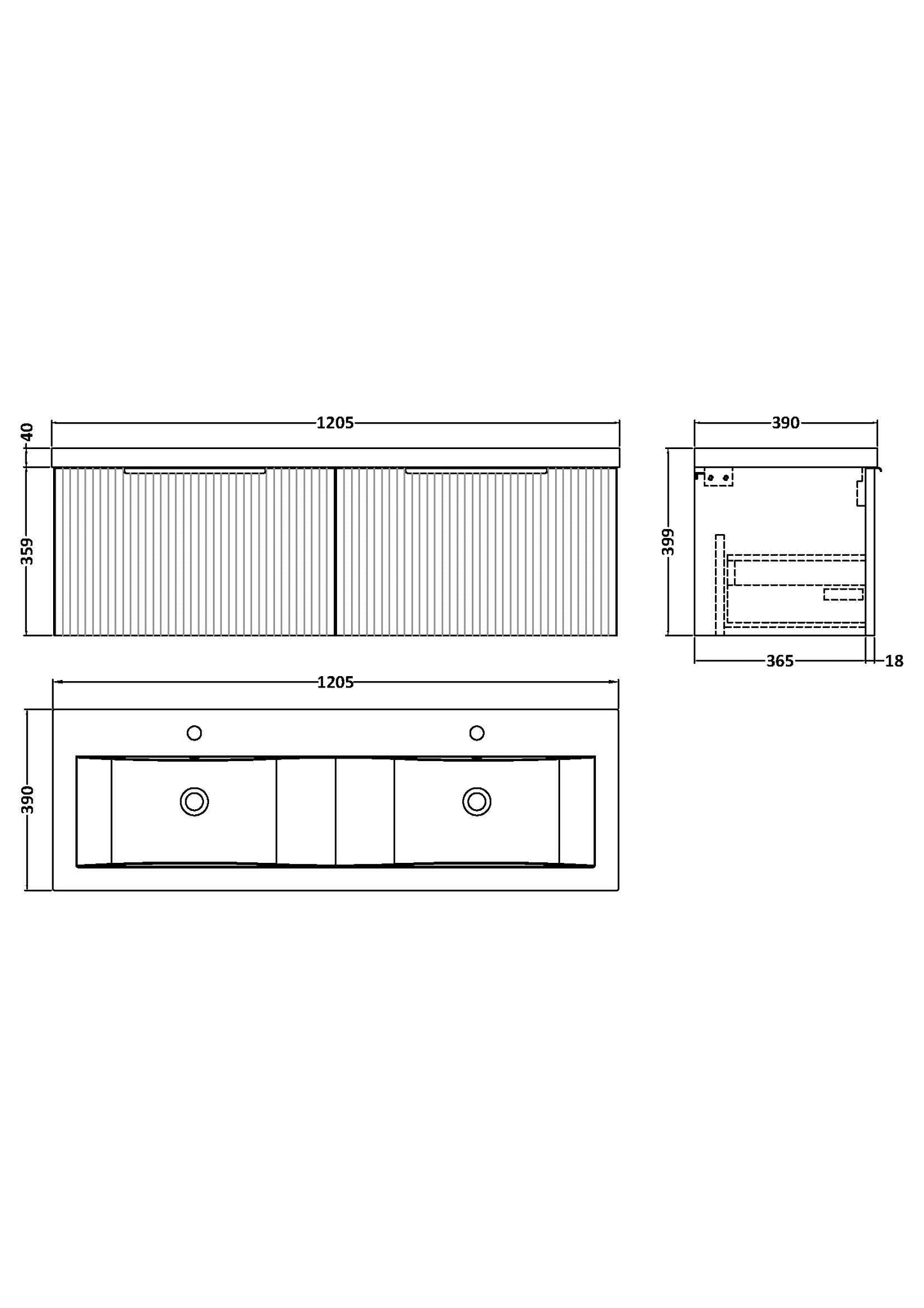 Hudson Reed Fluted 1200mm Wall Hung Soft Black 2-Drawer Vanity Unit with Double Basin
