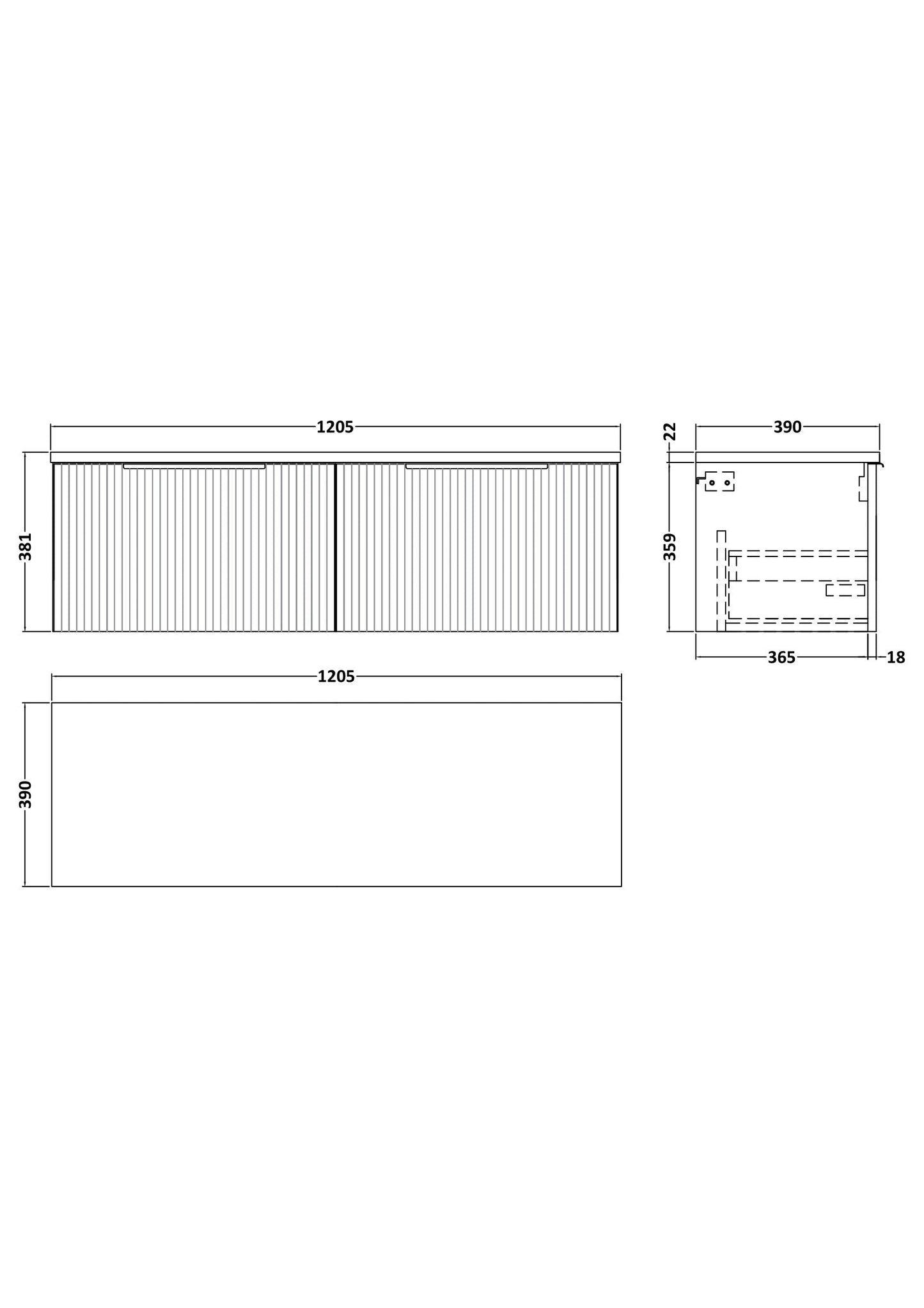 Hudson Reed Fluted 1200mm Soft Black Wall Hung 2-Drawer Vanity Unit With Laminate Worktop