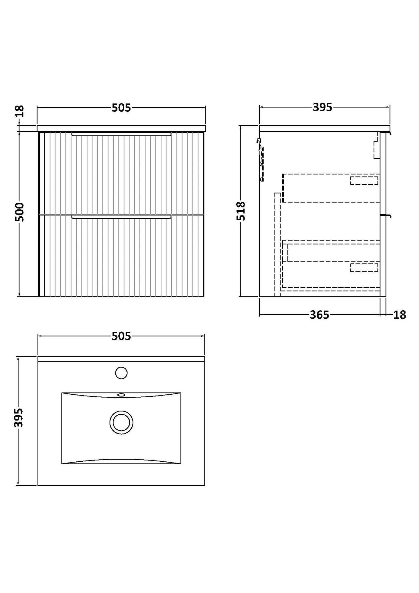 Hudson Reed Fluted 500mm Wall Hung 2-Drawer Vanity Unit Including Basin