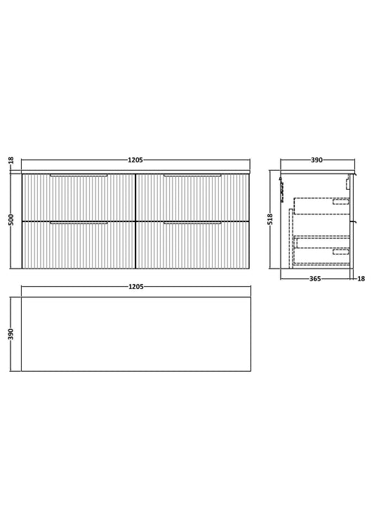 Hudson Reed Fluted 1200mm Satin White Wall Hung 4-Drawer Vanity With Worktop