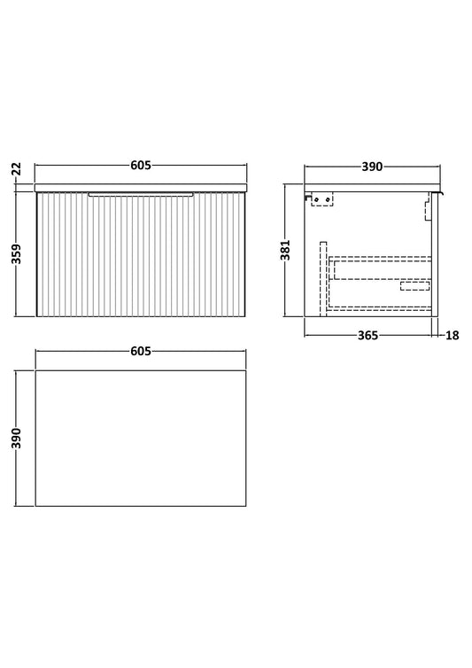 Hudson Reed Fluted 600mm Wall Hung Single Drawer Vanity With Laminate Worktop & Soft-Close Drawer