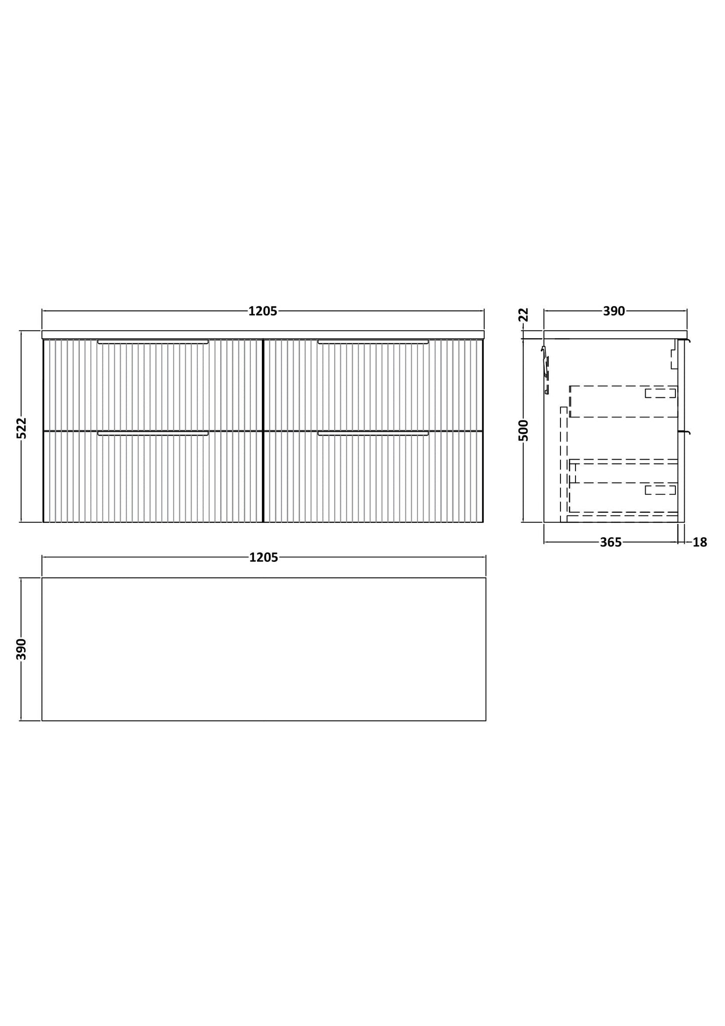 Hudson Reed Fluted 1215mm Wall Hung Satin Blue 4-Drawer Vanity Unit With Laminate Worktop