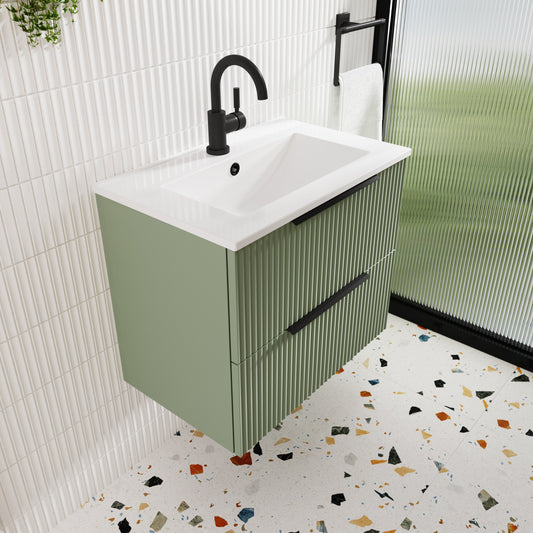Hudson Reed Fluted 600mm Satin Green Wall Hung 2-Drawer Vanity and Basin