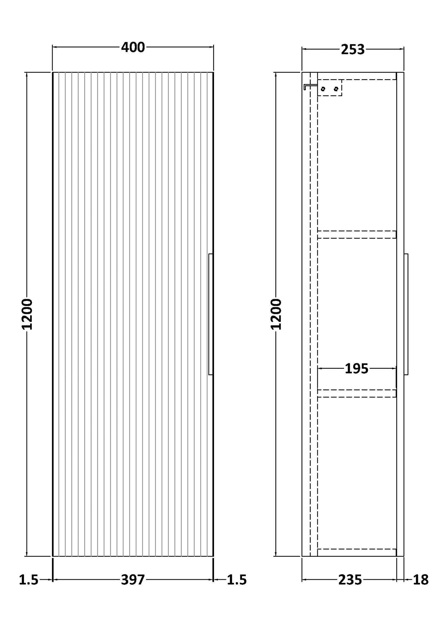 Hudson Reed Fluted 400mm 1 Door Soft Black Wall Hung Tall Cabinet With Handles