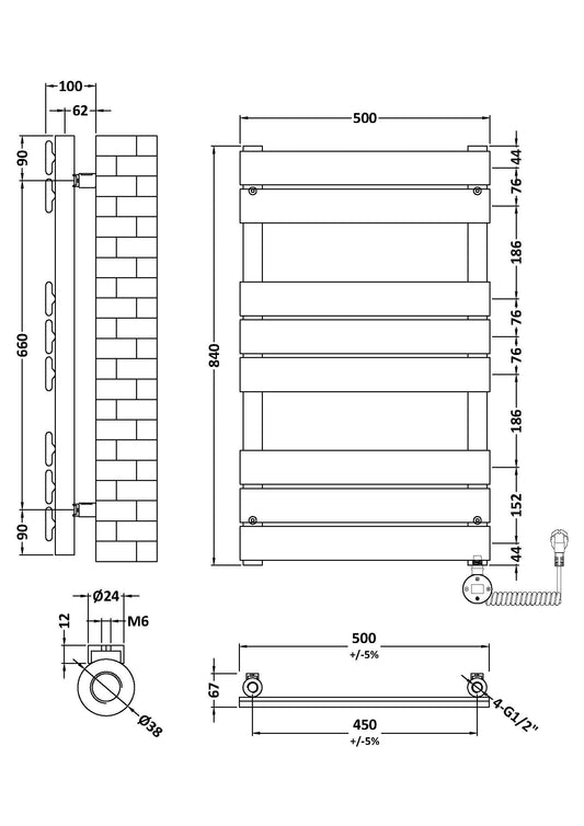 Electric Square Flat Towel Rail with 8 Bars, 840mm x 500mm