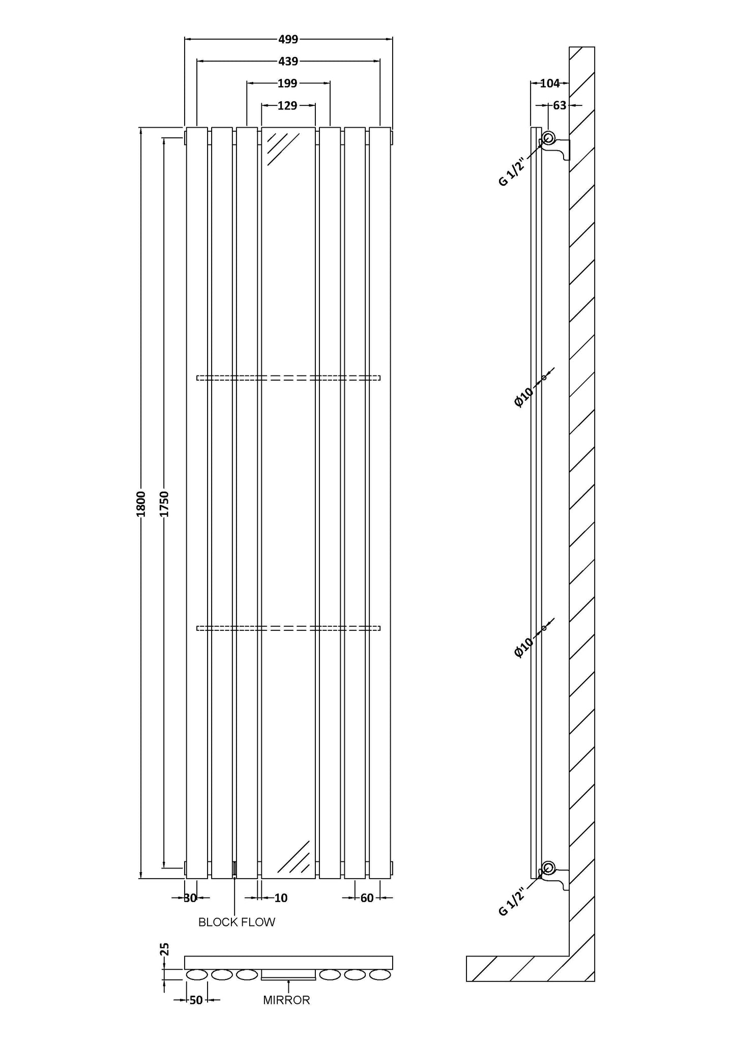 Single Panel Radiator With Mirror 1800 x 499mm