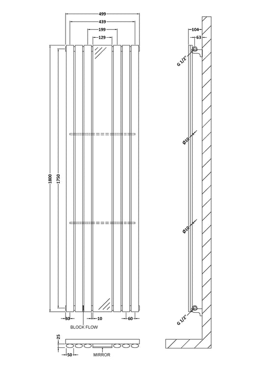 Single Panel Radiator With Mirror 1800 x 499mm