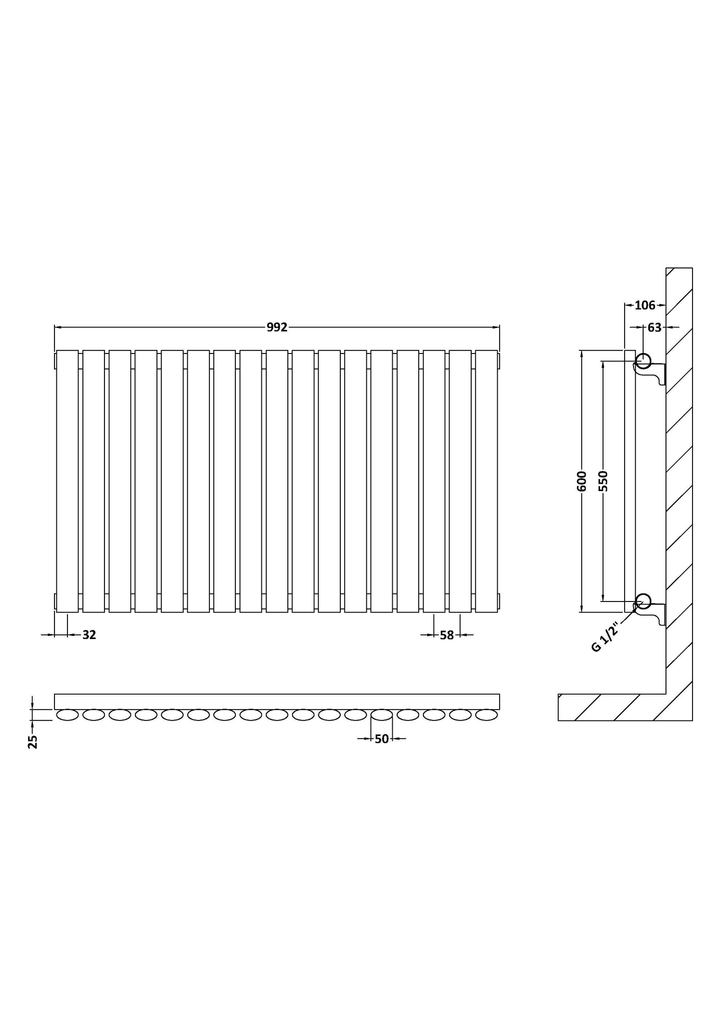 Horizontal Single Panel Radiator 600 x 992mm