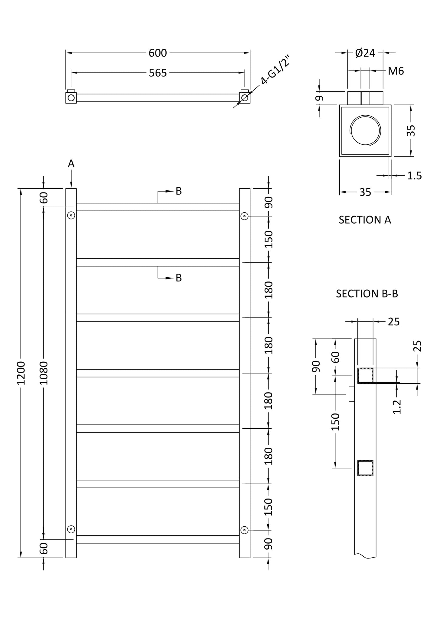Heated Towel Rail 1200 x 600mm