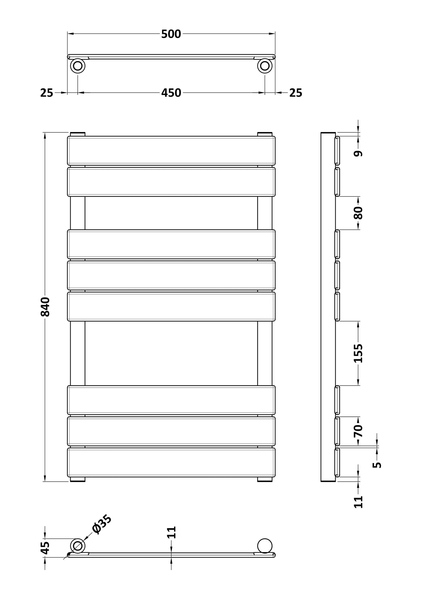 Piazza Square Flat Towel Radiator 840mm x 500mm