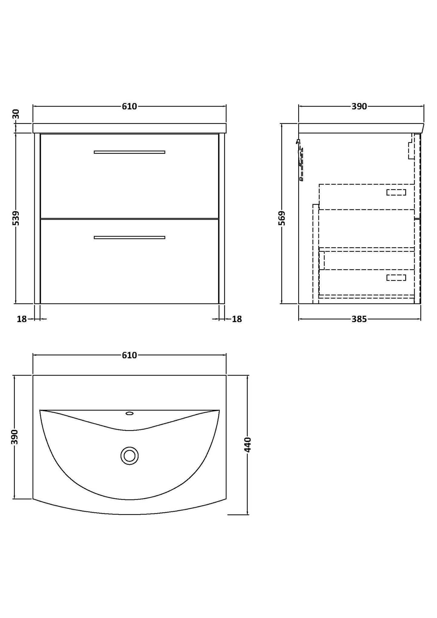 Hudson Reed Juno 600mm Autumn Oak Wall Hung 2-Drawer Vanity Unit with Curved 1 Tap Hole Basin