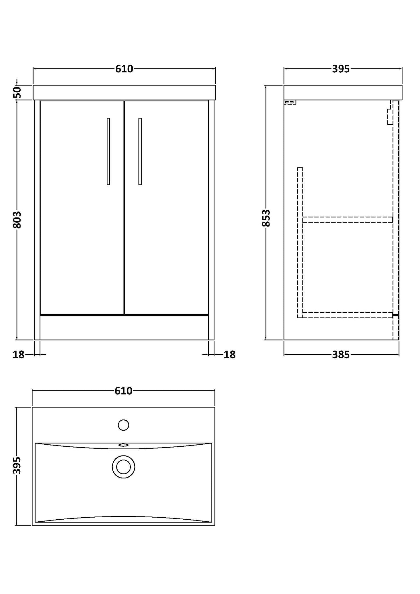 Hudson Reed Juno 600mm Floor Standing 2-Door Vanity Unit with Thin-Edge 1 Tap Hole Basin